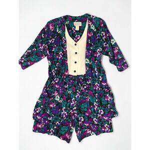 90s Vintage Paris Sport Club Floral Romper Cardigan Topper Medium Purple Teal